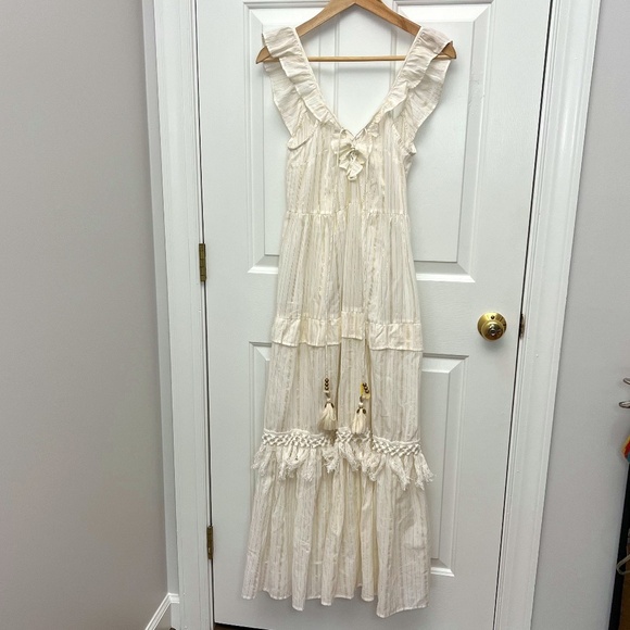 True Destinations White Gold Threaded Bohemian Tiered Maxi Dress Sz S - Picture 2 of 15